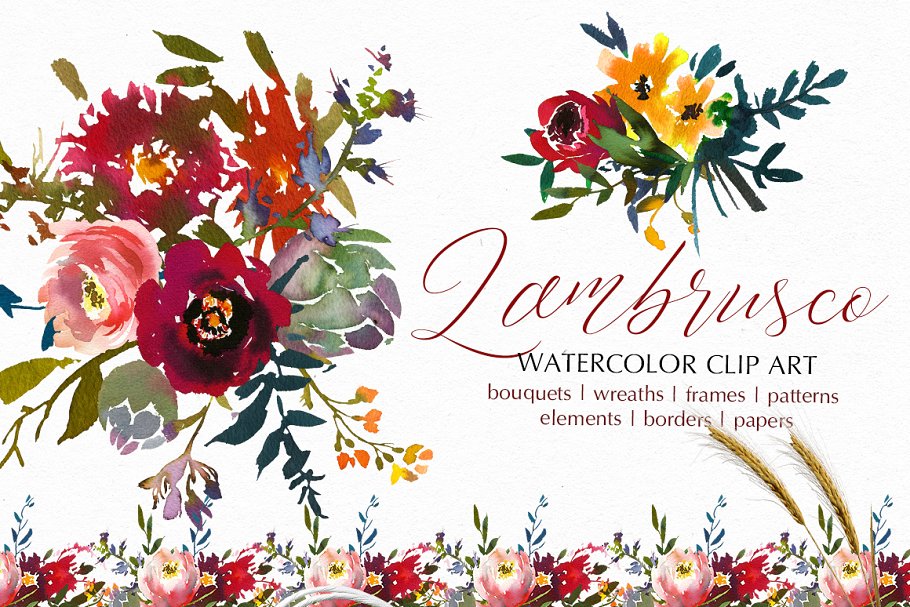 波尔多水彩花卉艺术设计素材 Bordo Watercolor Floral Clip Art Set插图8