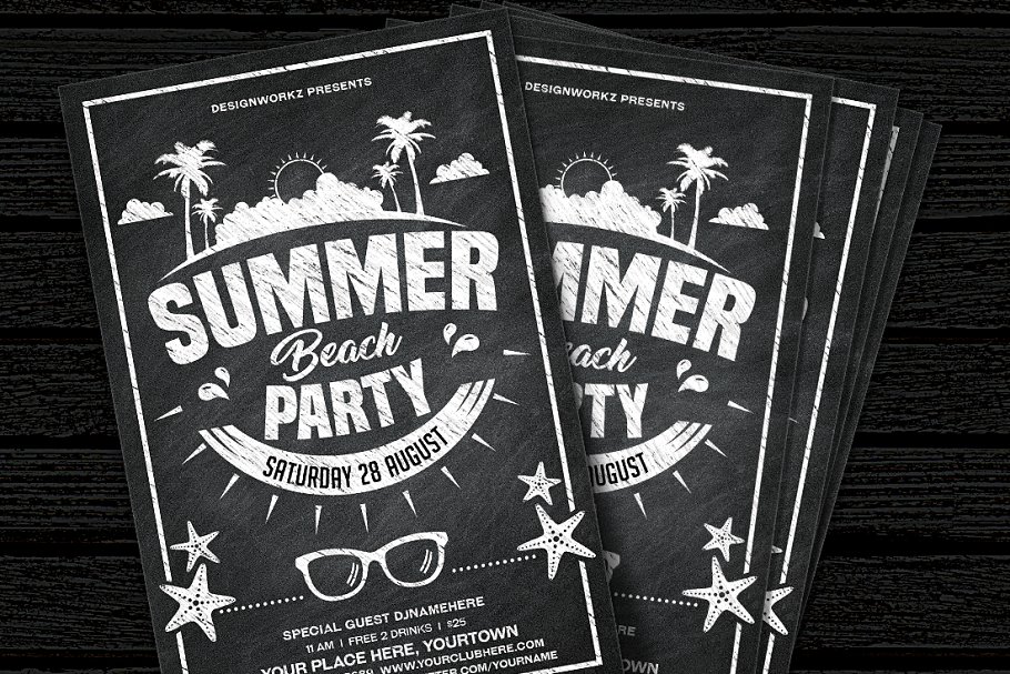 海滩派对黑板报海报宣传设计模板 Chalkboard Summer Beach Party插图(1)