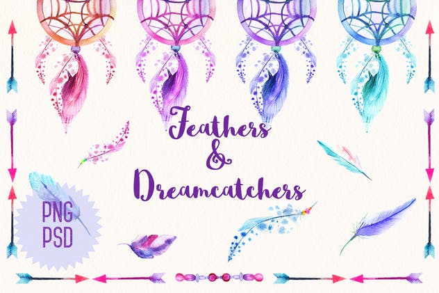 羽毛&追梦者元素水彩插画合集 Watercolor Feathers & Dreamcatchers插图(1)