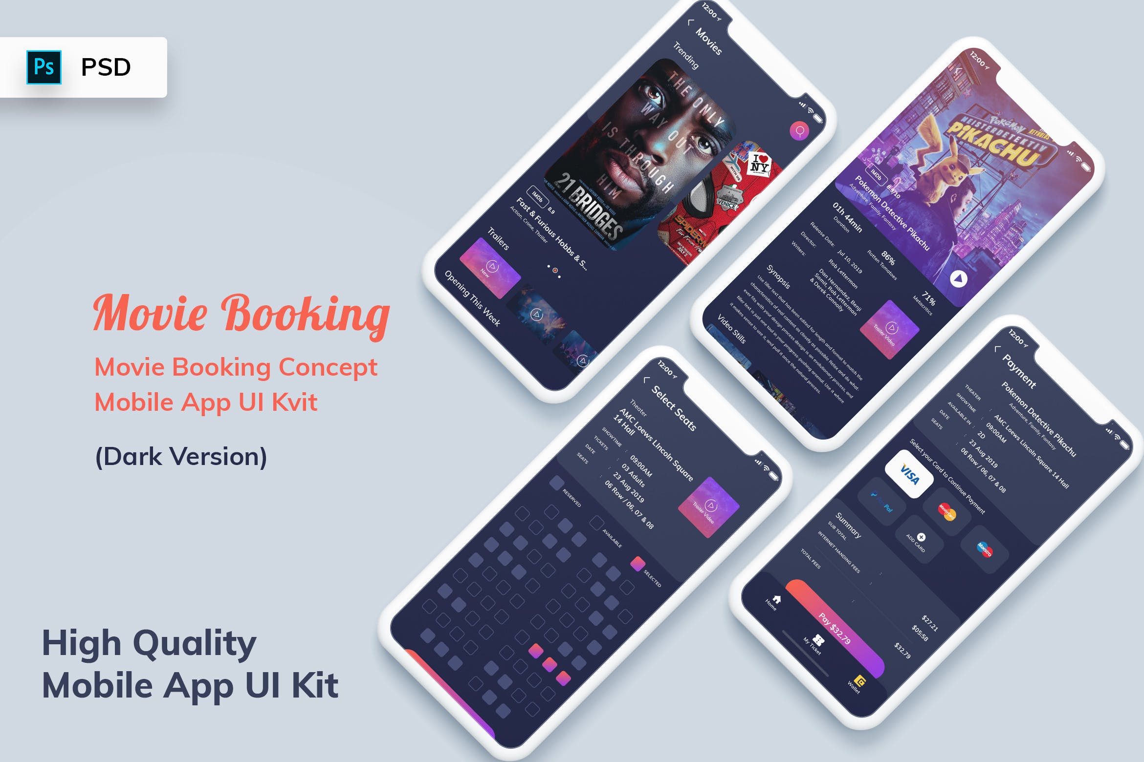 网上买电影票APP应用界面设计套件 Movie Booking Mobile App UI Kit Dark Version插图