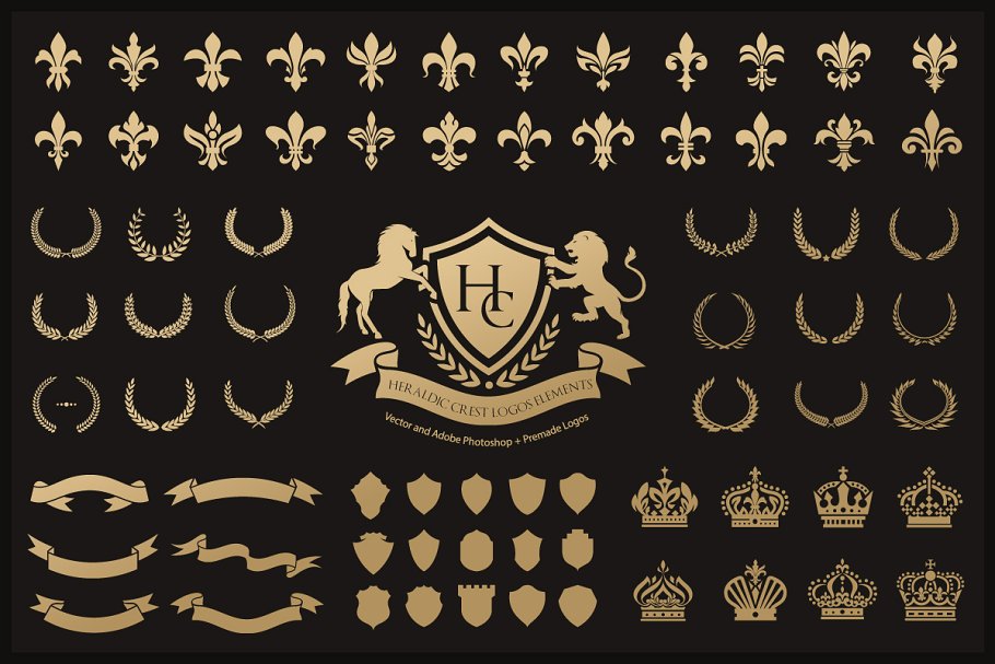 奢侈花边纹章徽标设计组成套件 Heraldic Crest Logos elements set插图