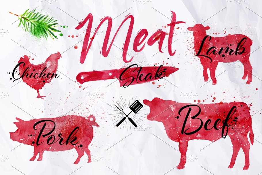 水彩肉类符号 Watercolor Meat Silhoettes插图2