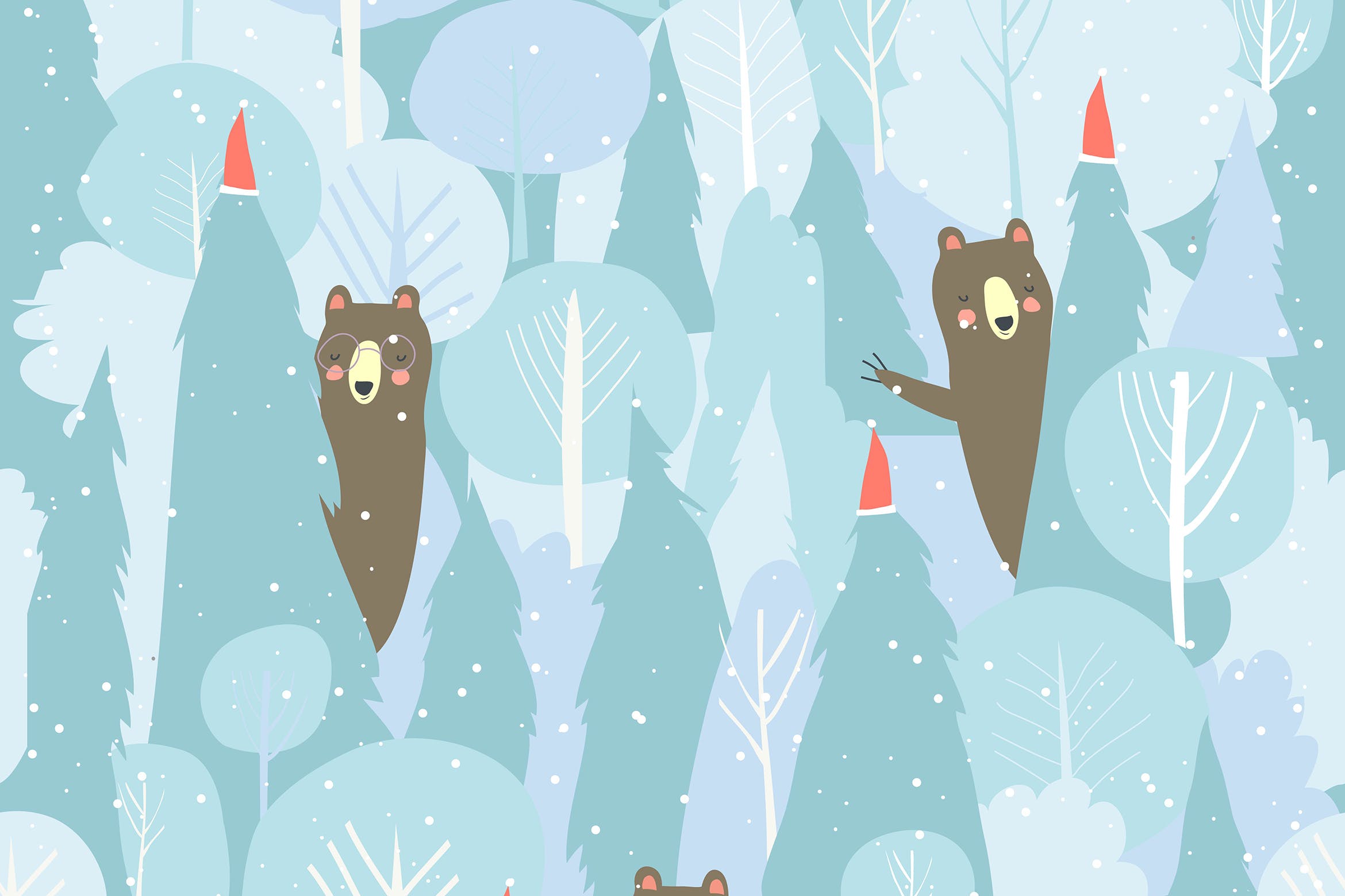 萌呆的卡通动物森林手绘无缝图案圣诞背景素材 Seamless vector winter forest pattern. Christmas b插图