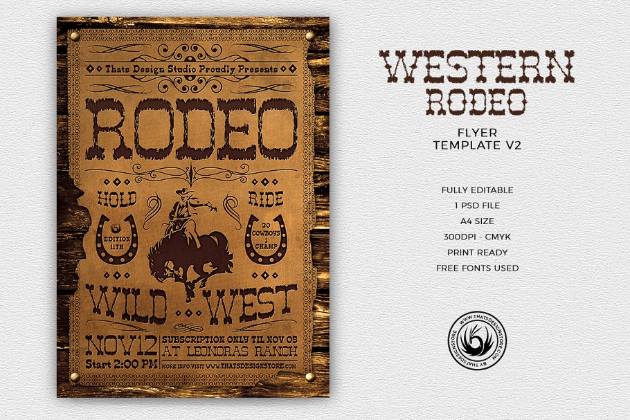 马戏团杂技活动海报宣传PSD模板V.2 Western Rodeo Flyer PSD V2插图