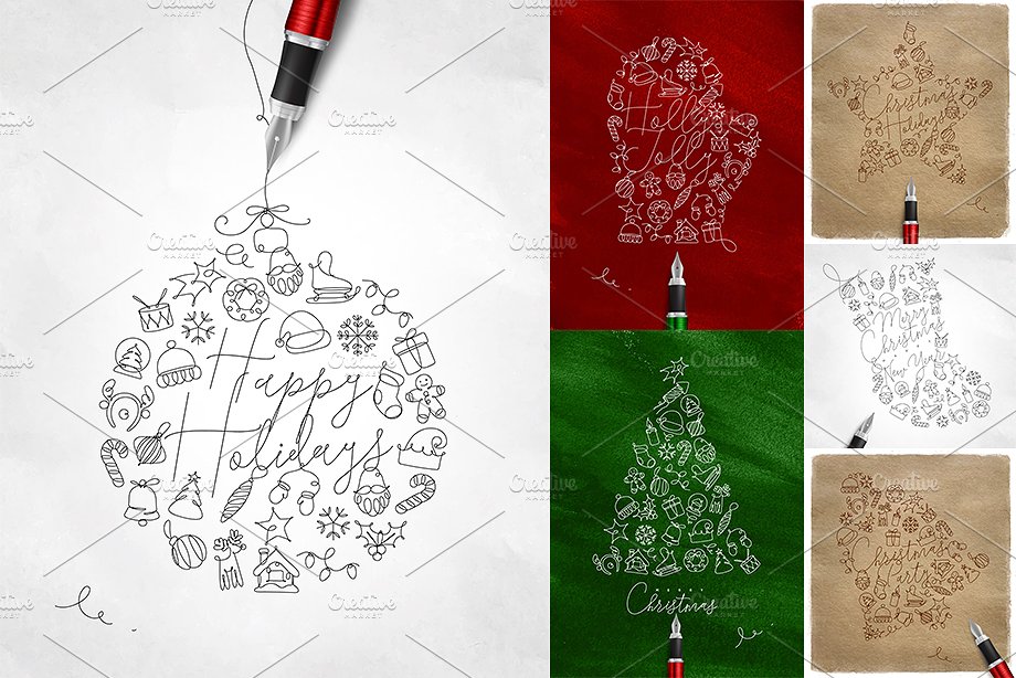 圣诞节节日主题设计插画素材合集 Christmas Holidays One Line插图10