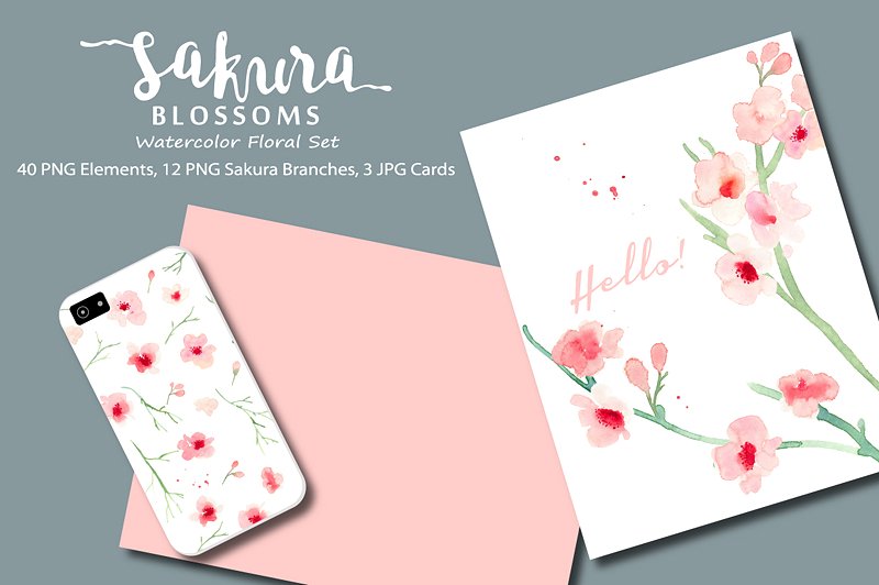 水彩樱花花卉插画素材合集 Sakura Blossoms – Watercolor Clipart插图2