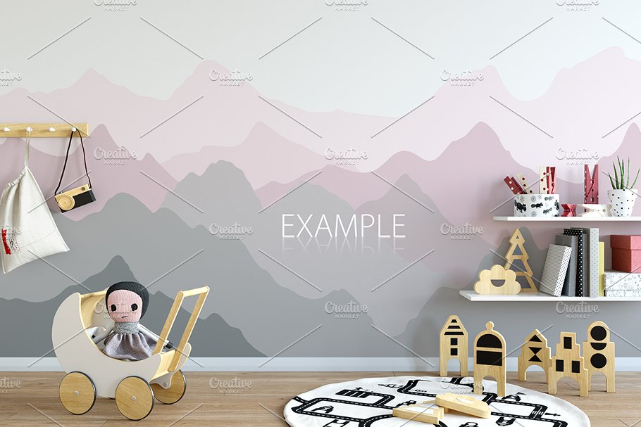 儿童主题卧室墙纸设计&相框样机 Interior KIDS WALL & FRAMES Mockup 2插图(32)