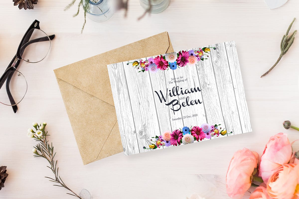 现代婚礼花卉装饰邀请函模板 Floral Wedding Invitation Card插图