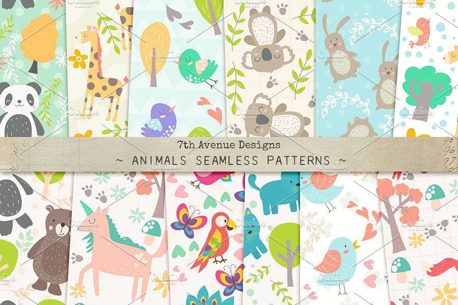 儿童主题素材无缝动物图案 Animals Seamless Patterns插图