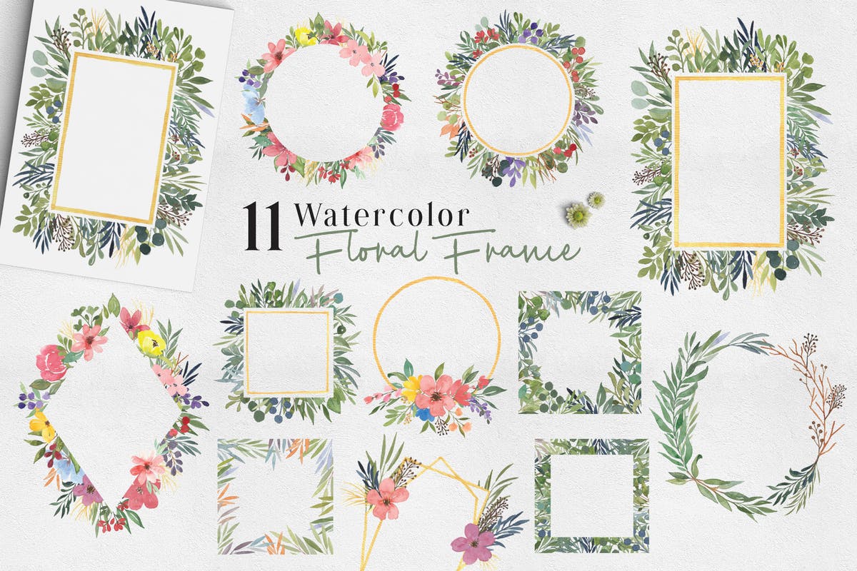 美丽的水彩花卉叶子框架插画 Ofi 11 Watercolor Floral Frame插图