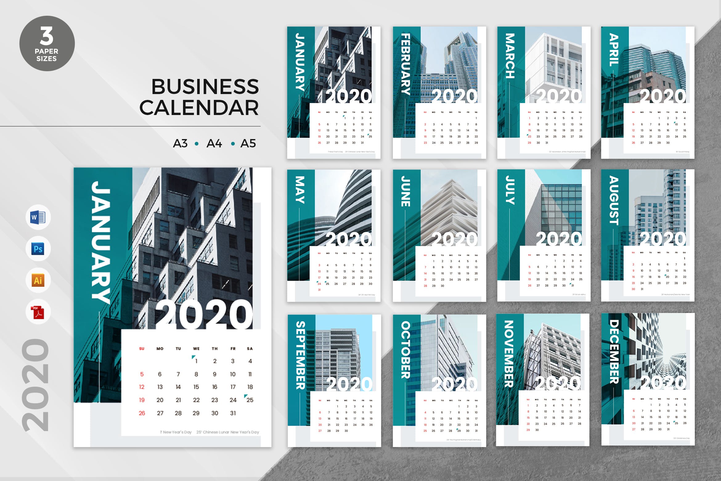 公司日历定制设计2020年日历表模板 Corporate Business 2020 Calendar – AI, DOC, PSD插图