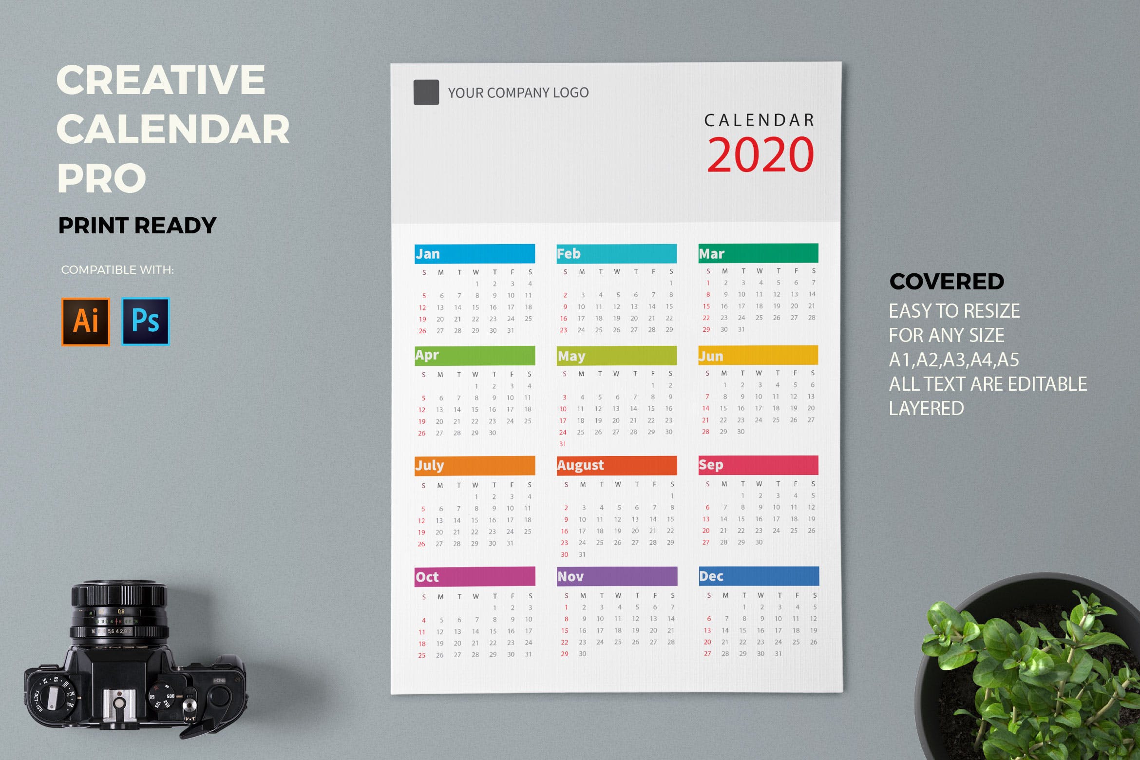 极简主义风格2020年历日历设计模板 Creative Calendar Pro 2020插图
