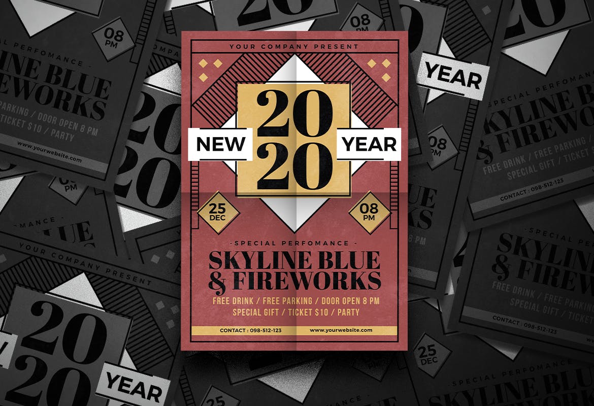 复古设计风格2020年新年庆祝活动海报传单模板 New Year Party Flyer插图1