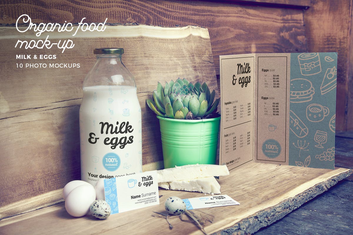有机食物样机模板/牛奶&鸡蛋 Organic Food Photo Mockup / Milk & Eggs插图