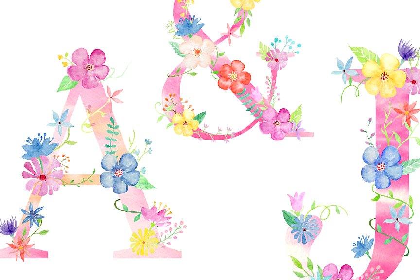 粉色少女心花卉字母合集（A到Z）Pink Floral Alphabet A to Z插图3
