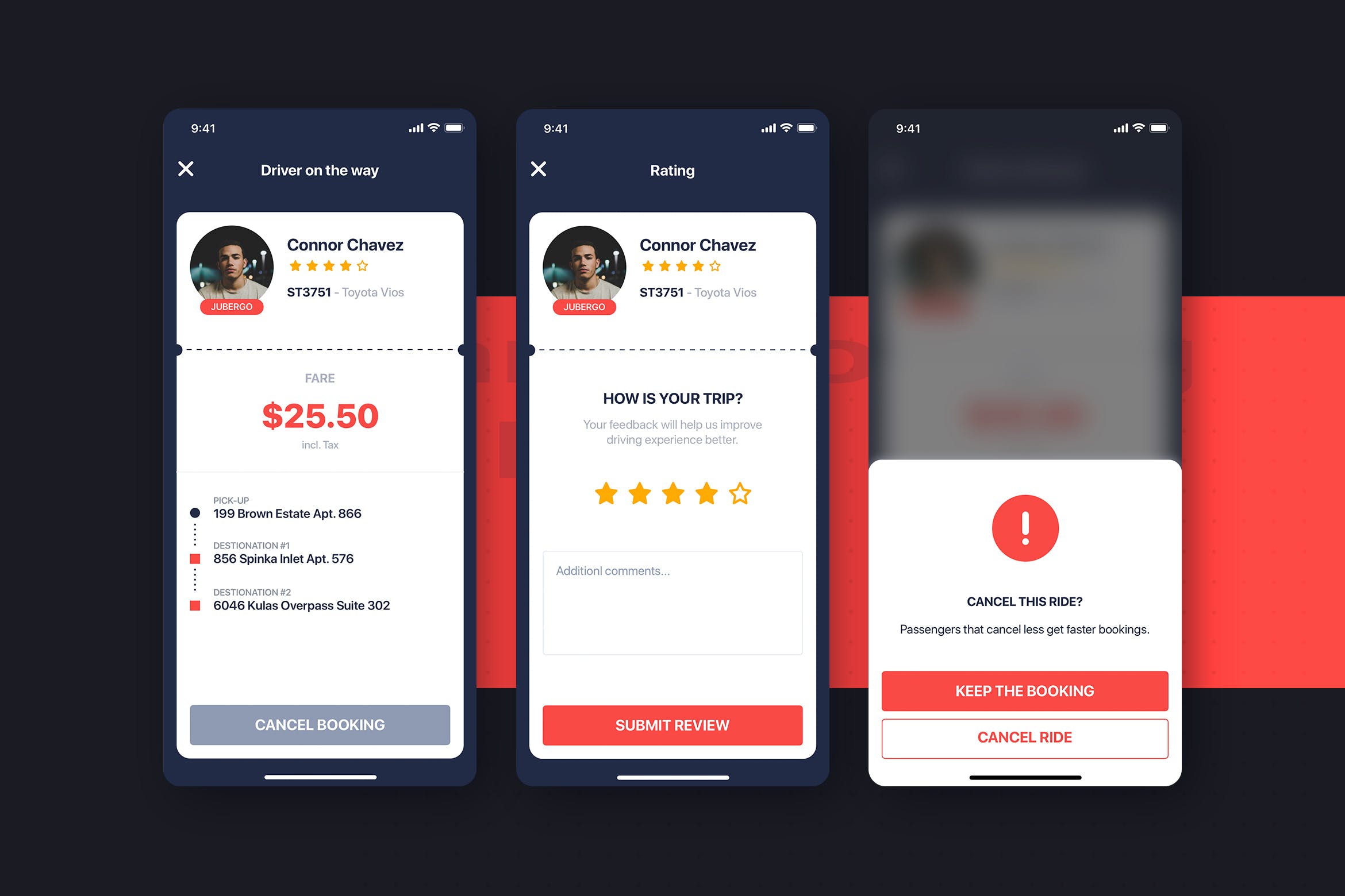网约车APP应用UI设计之订单评价界面设计模板 Car Booking UI mobile concept – Rating your ride插图
