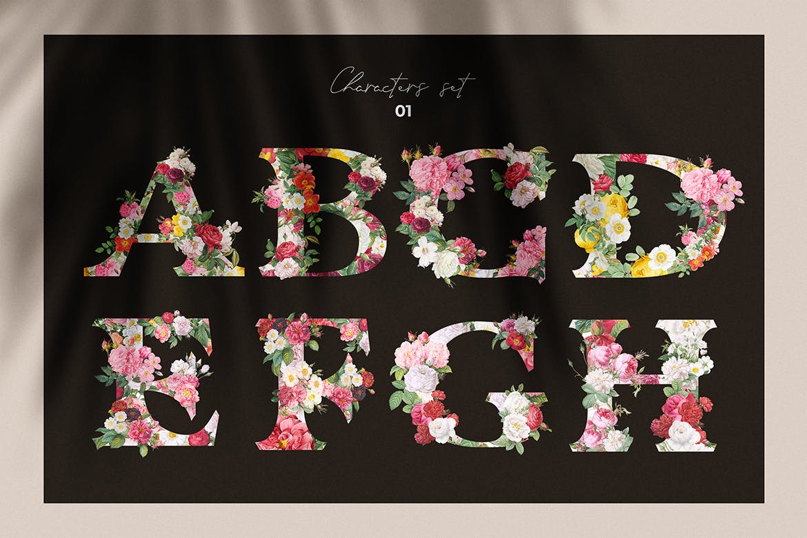 复古风格花卉字母&数字设计PNG素材 Vintage Flower Alphabet插图(1)