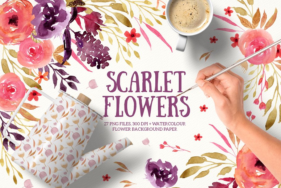 红色玫瑰花卉手工剪贴画 Scarlet Flowers插图