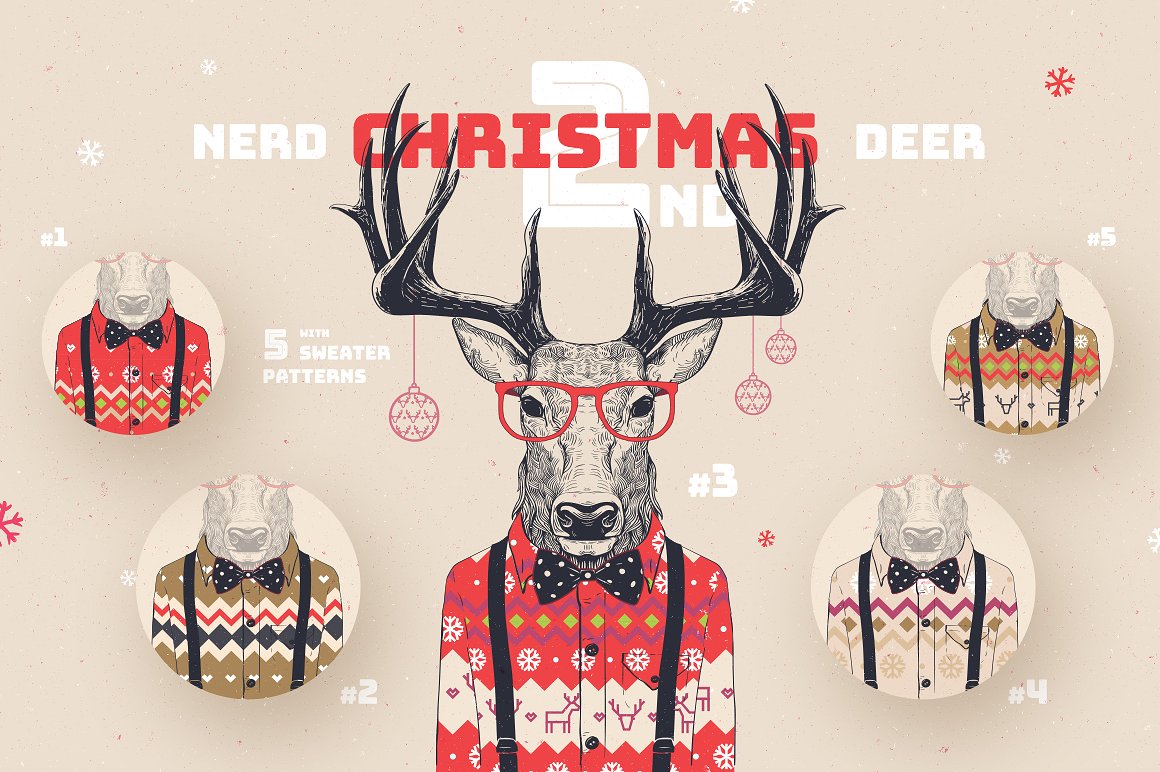 80年代穿复古毛衣的鹿5种不同的圣诞节模式插图(2)