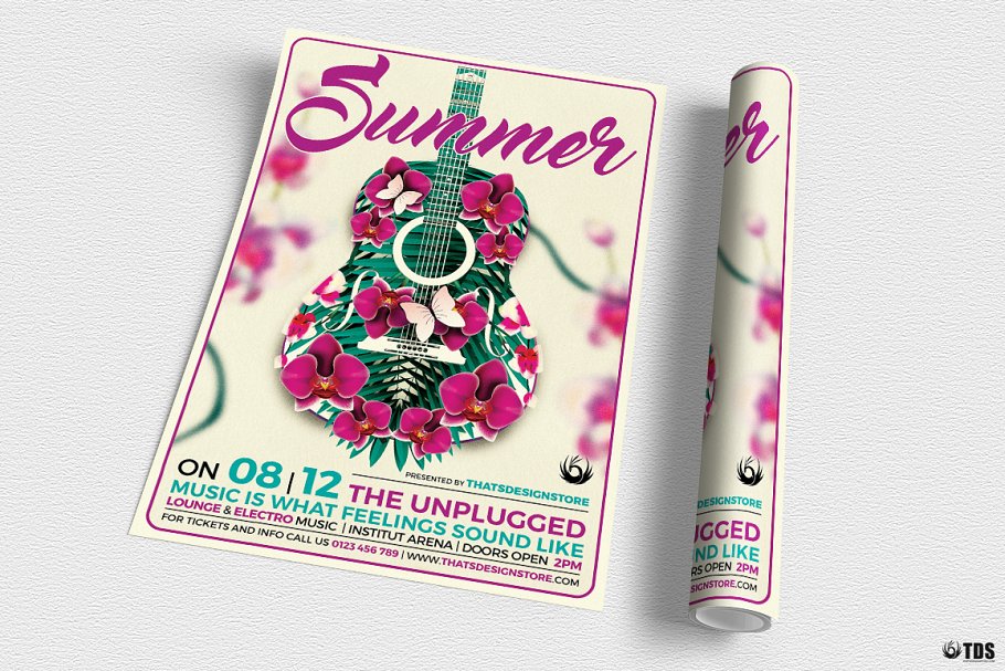 夏季吉他音乐会海报传单PSD模板 V1 Summer Unplugged Flyer PSD V1插图2