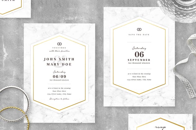 大理石背景婚礼邀请函设计模板 Marble Wedding Invitation Suite插图(3)