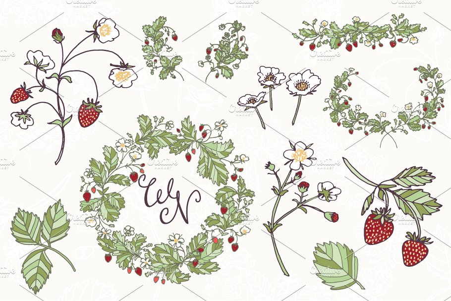 草莓色植物花卉矢量图形 Strawberry Patch Clip Art & Vectors插图(1)