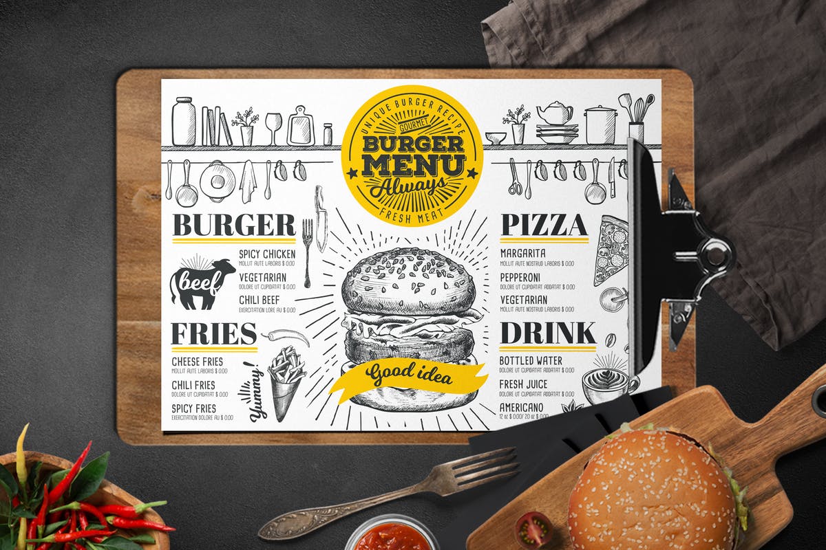 素描手绘设计风格汉堡包菜单设计模板 Food Menu Template插图