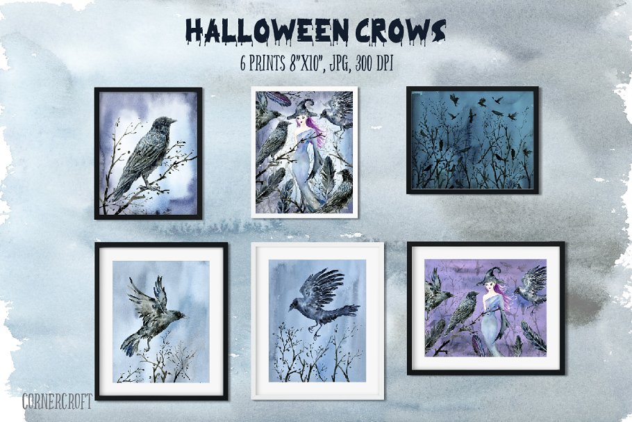 万圣节乌鸦和女巫水彩插画 Watecolor Halloween Crows & Witch插图(3)