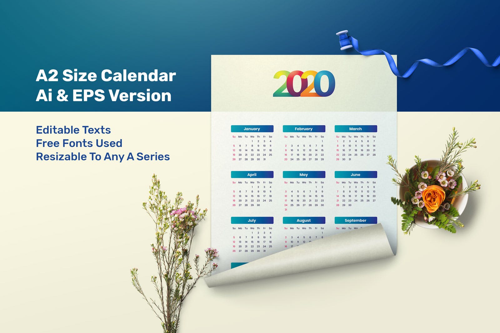 极简风格2020年单页日历表设计模板 Simple Calendar 2020插图(2)
