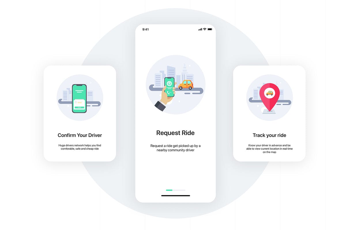 出租车打车软件APP启动界面概念插画 3 Onboarding screens concept for Taxi apps.插图