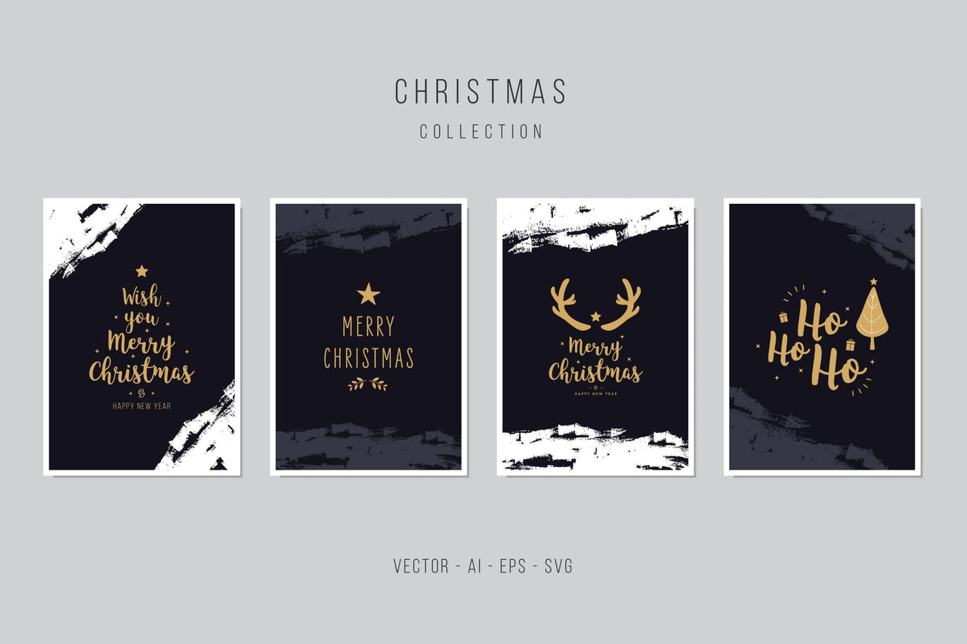 鹿角&圣诞树手绘图案圣诞节贺卡矢量设计模板集v2 Christmas Greeting Card Set Vector插图