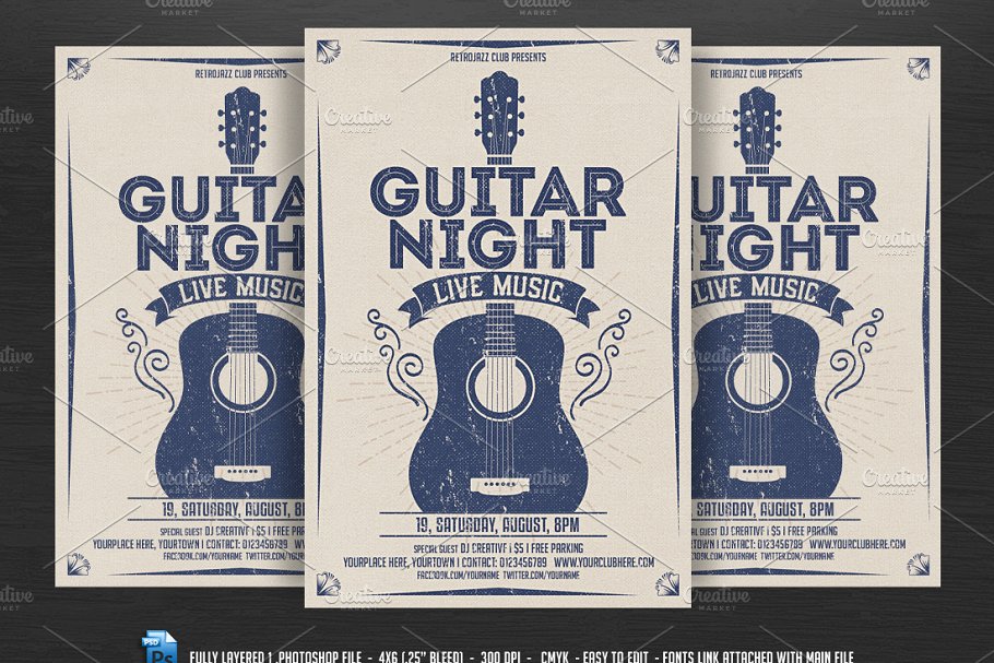 复古吉他之夜音乐活动传单模板 Guitar Night-Vintage Music Flyer插图