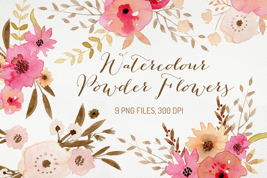 水彩少女粉彩色花卉剪贴画合集 Watercolour Powder Flowers插图