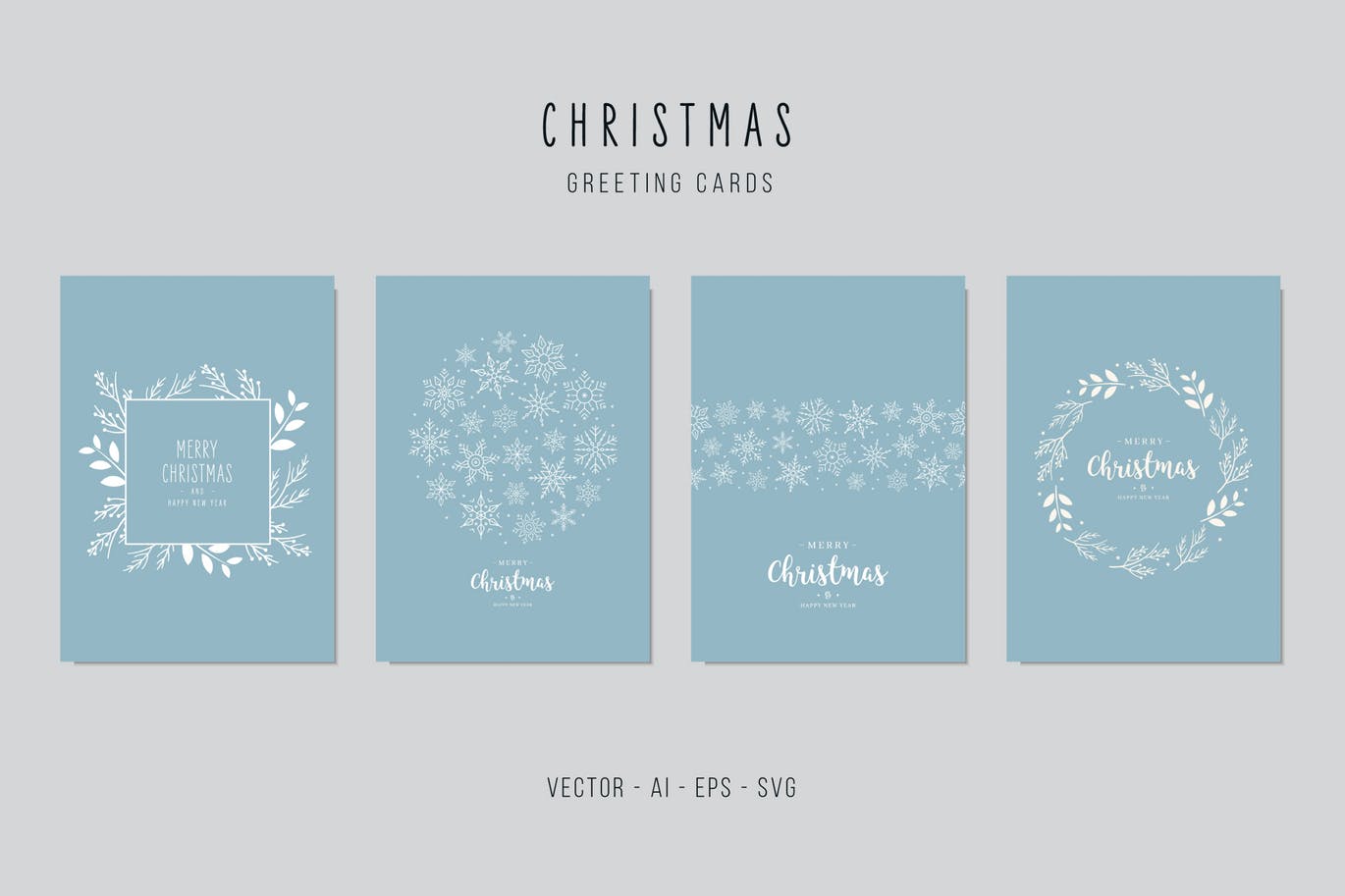 雪花&植物手绘图案圣诞节贺卡矢量设计模板集v2 Christmas Greeting Vector Card Set插图