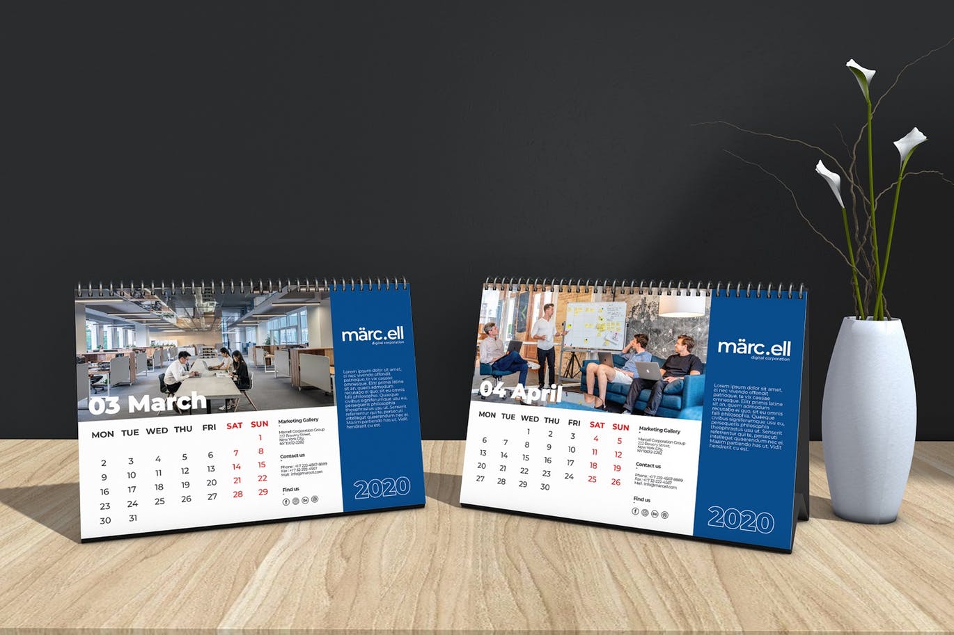 2020年深蓝色翻页台历表设计模板 Marcell Corporate Table Calendar 2020插图3