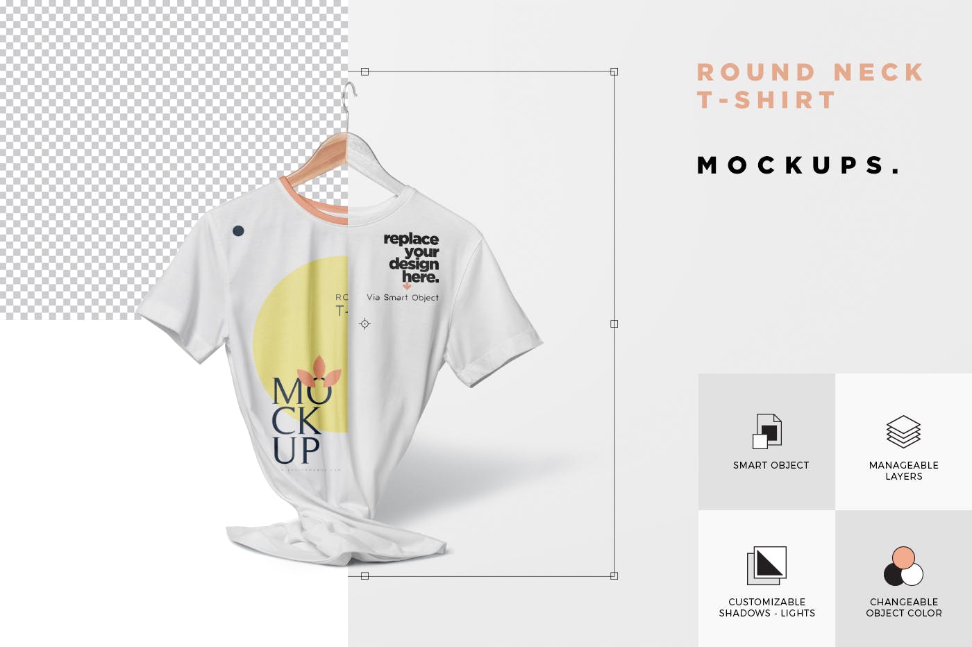 圆领T恤正面印花设计多角度预览图样机 Round Neck T-Shirt Mockups插图(4)