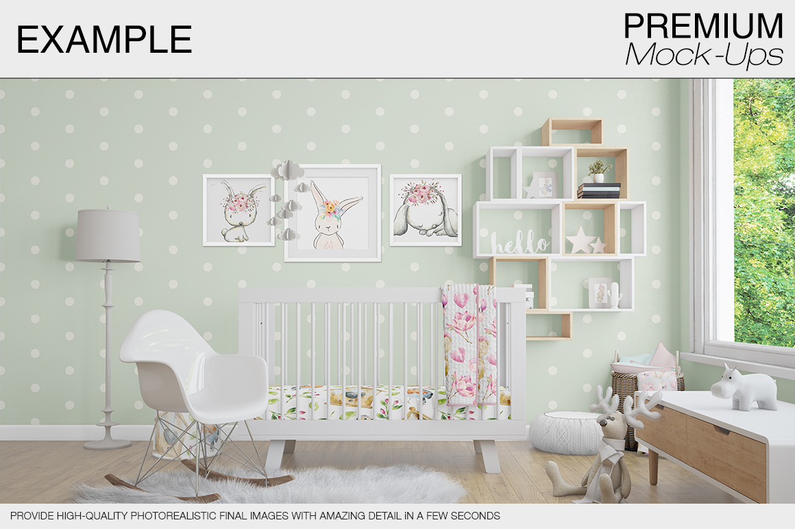 高品质的婴儿床 & 90个相框展示样机下载 Nursery Crib Wall & 90 Frames [psd]插图(11)