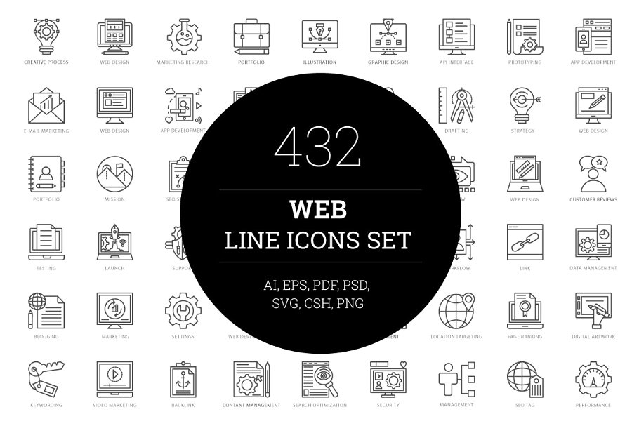 432个互联网领域Web线条图标 432 Web Line Icons插图