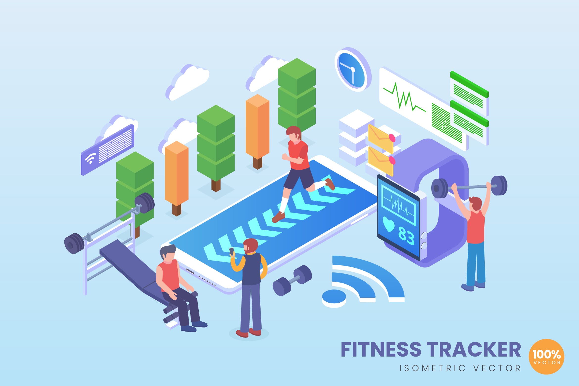 健身场景适配跟踪器2.5D矢量等距概念插画 Isometric Fitness Tracker Vector Concept插图