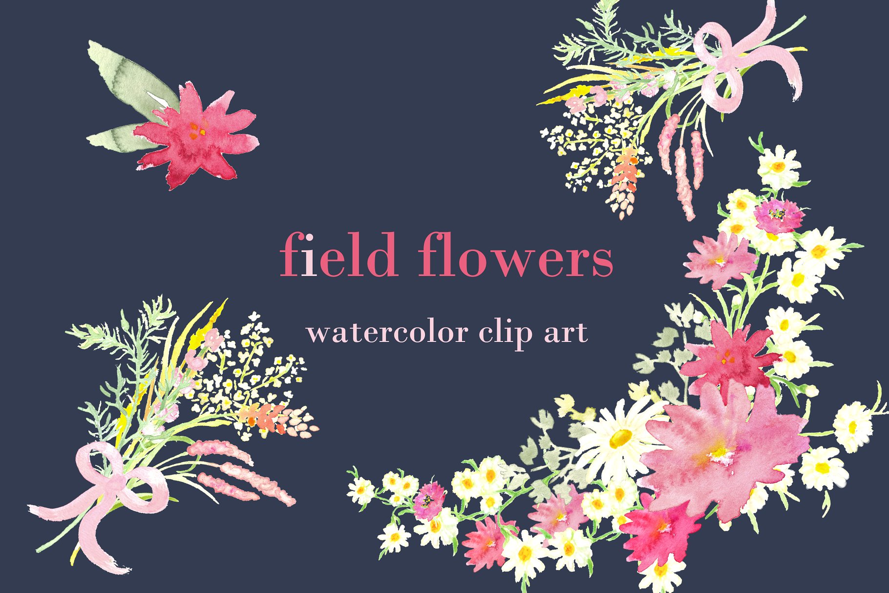 手绘水彩白色雏菊野花剪贴画 Field Flowers watercolor clip art插图
