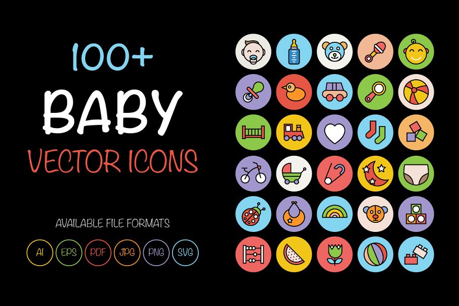 100+婴儿主题彩色矢量图标素材 100+ Baby Colored Vector Icons插图
