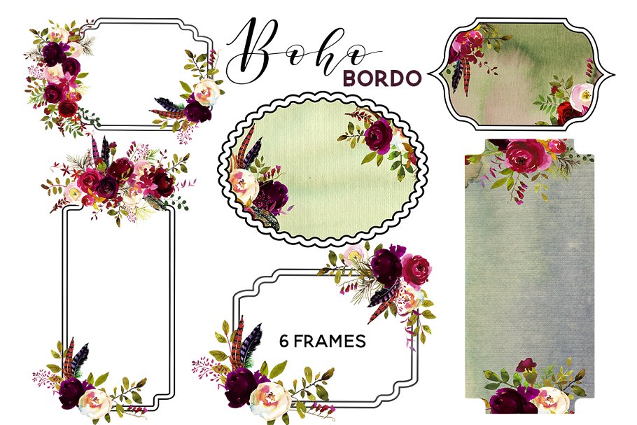 波希米亚式&波尔多水彩花卉剪贴画 Boho Bordo Watercolor Flowers插图(7)