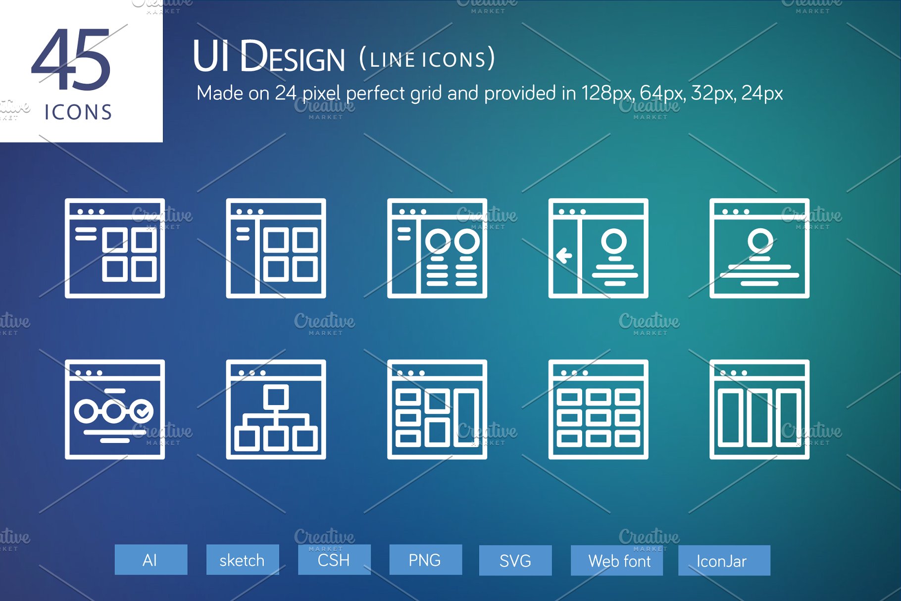 45个用户界面UI套件线条设计图标 45 UI Design Line Icons插图