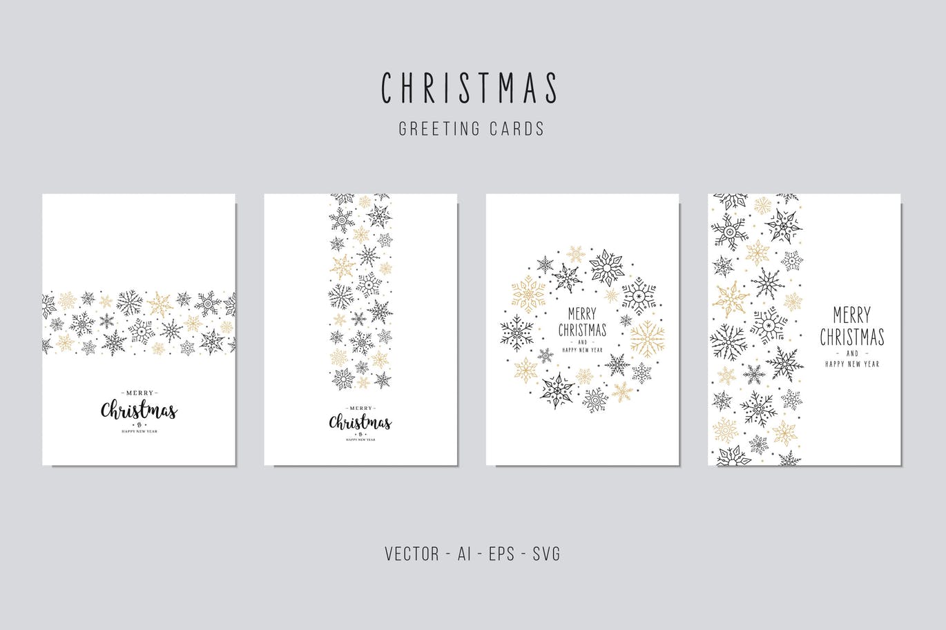 创意雪花手绘圣诞节贺卡矢量设计模板集v4 Christmas Greeting Vector Card Set插图