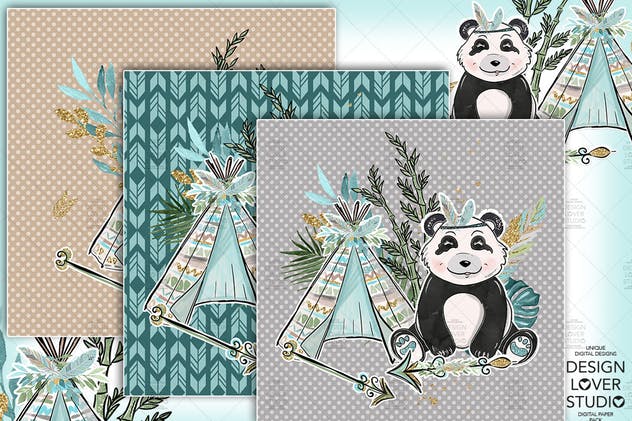 波西米亚风格熊猫无缝图案设计素材 Boho Panda digital paper pack插图3