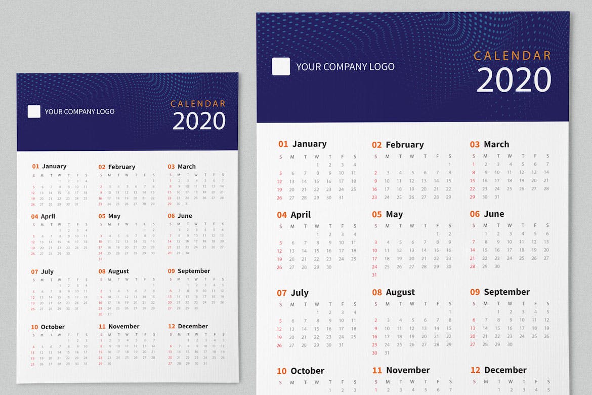等距圆点波浪几何图形2020创意日历年历设计模板 Creative Calendar Pro 2020插图(2)