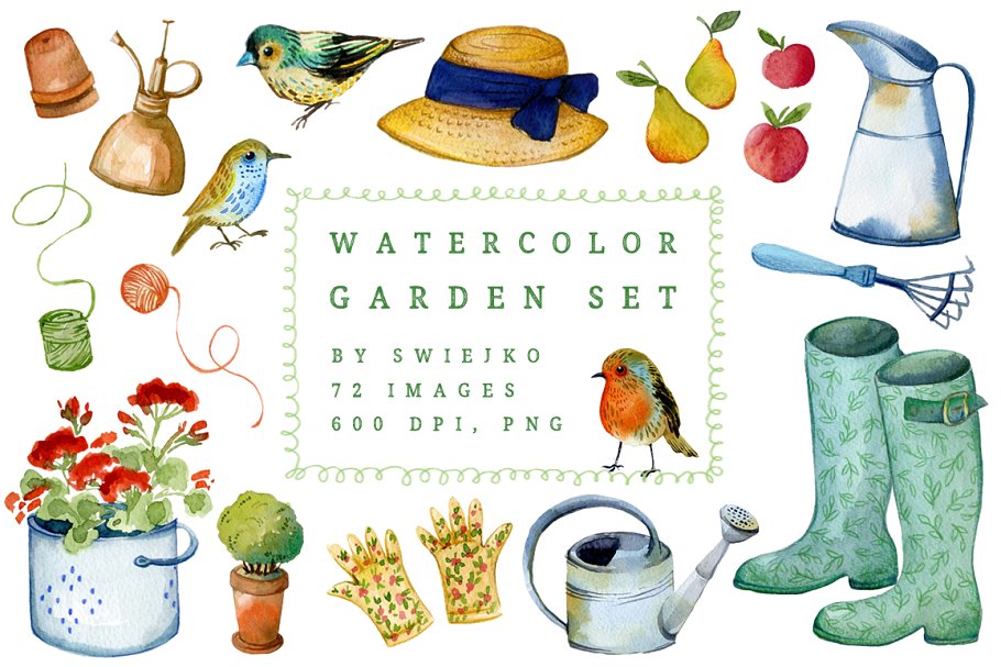 水彩花园元素插画设计套装 Watercolor Gardener Set插图