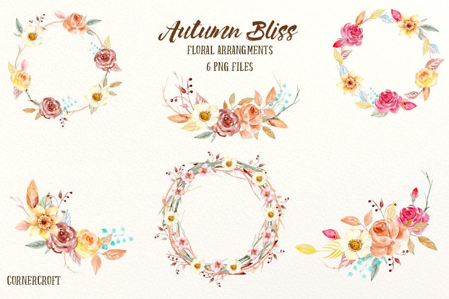 秋季氛围水彩插花花环装饰素材 Watercolor Fall Floral Arrangements插图