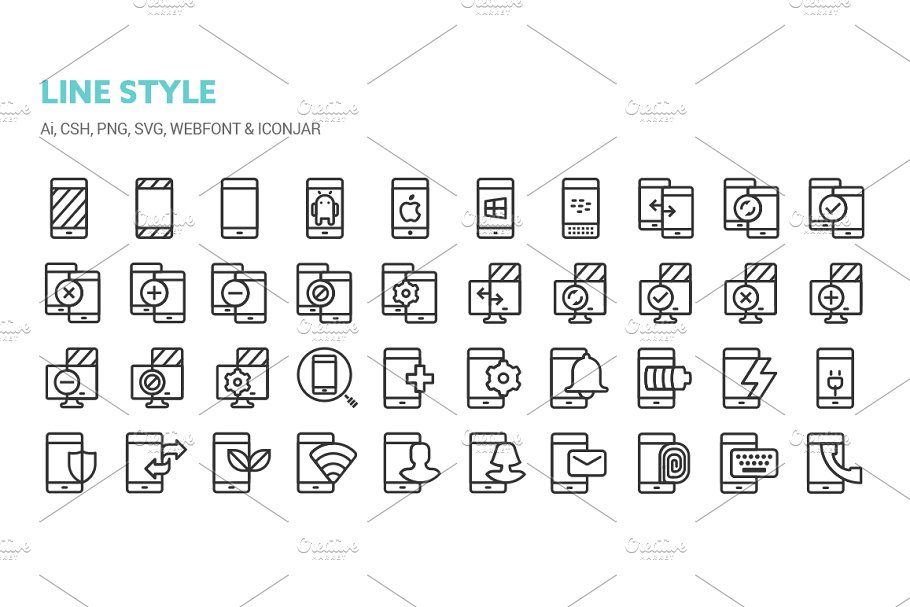 现代智能手机线型图标及实体图标  Smartphones Icons插图(1)