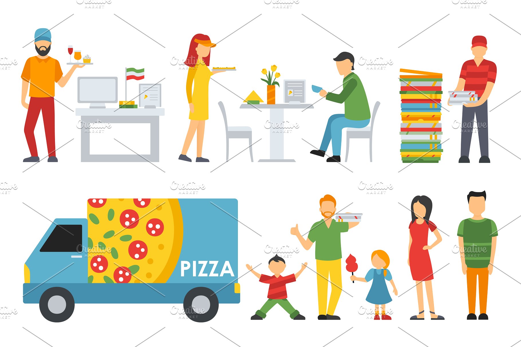 各式职业人员吃披萨形象扁平化设计矢量插画 Pizzeria – flat people set插图(8)